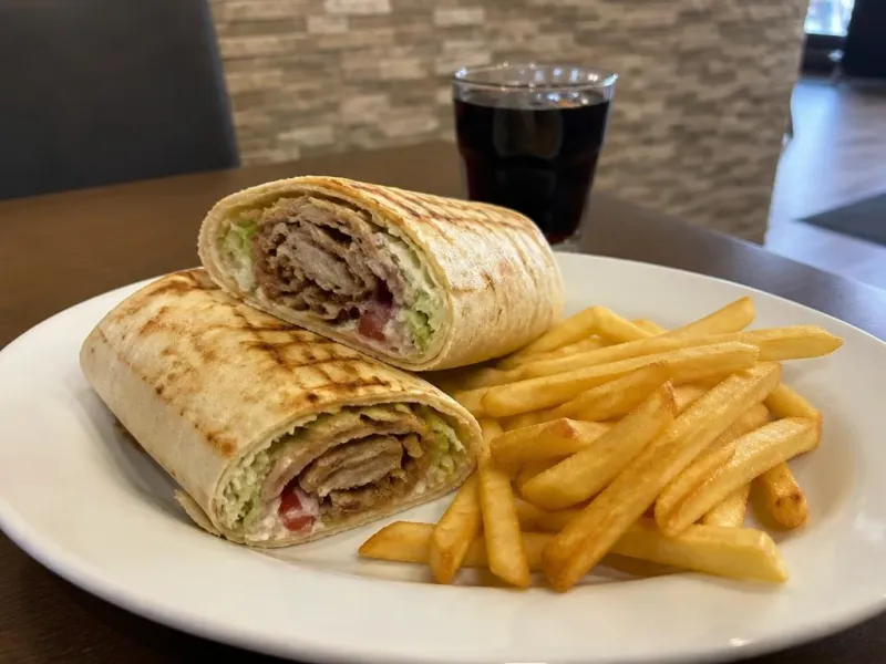 Durum garni de viande kebab, crudités et frites au Wagon Kebab